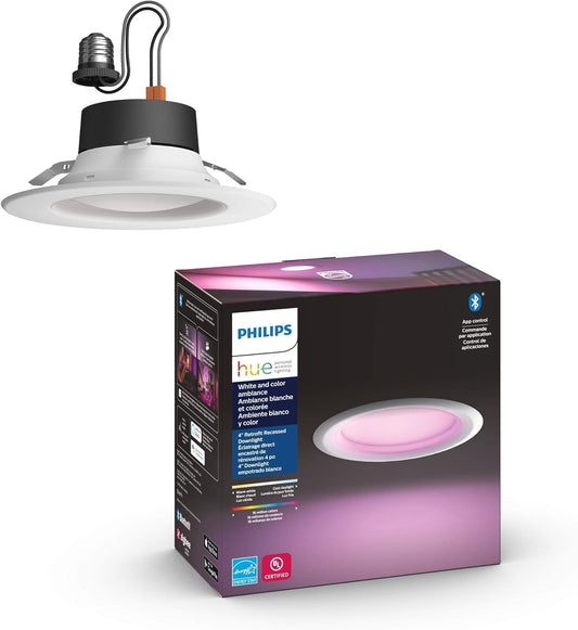 Philips Hue White & Color Ambiance 4" Smart LED Retrofit Can Downlight, Color Changing, Bluetooth & Zigbee Compatible (Hue Hub Optional), Smart Ceiling Lighting
