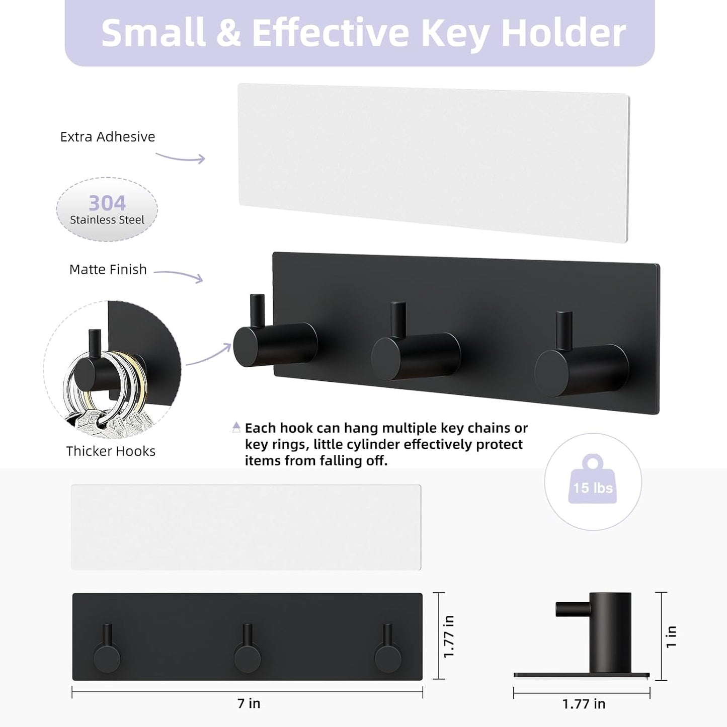VIS'V Key Holder Wall Mount, Small Metal Self Adhesive Key Hanger with 3 Hooks, No Drilling, Extra Adhesive Strip, Black