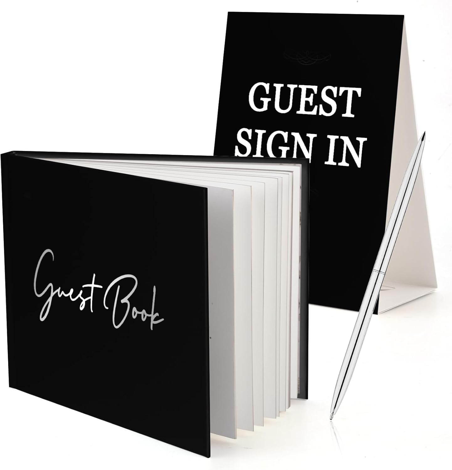 3pcs Wedding Guest Book Set, Romantic Wedding Guest Signature Book with Hard Cover Cherished Modern Script Wedding Book Blank Pages for Wedding Reception Special Events (Black)