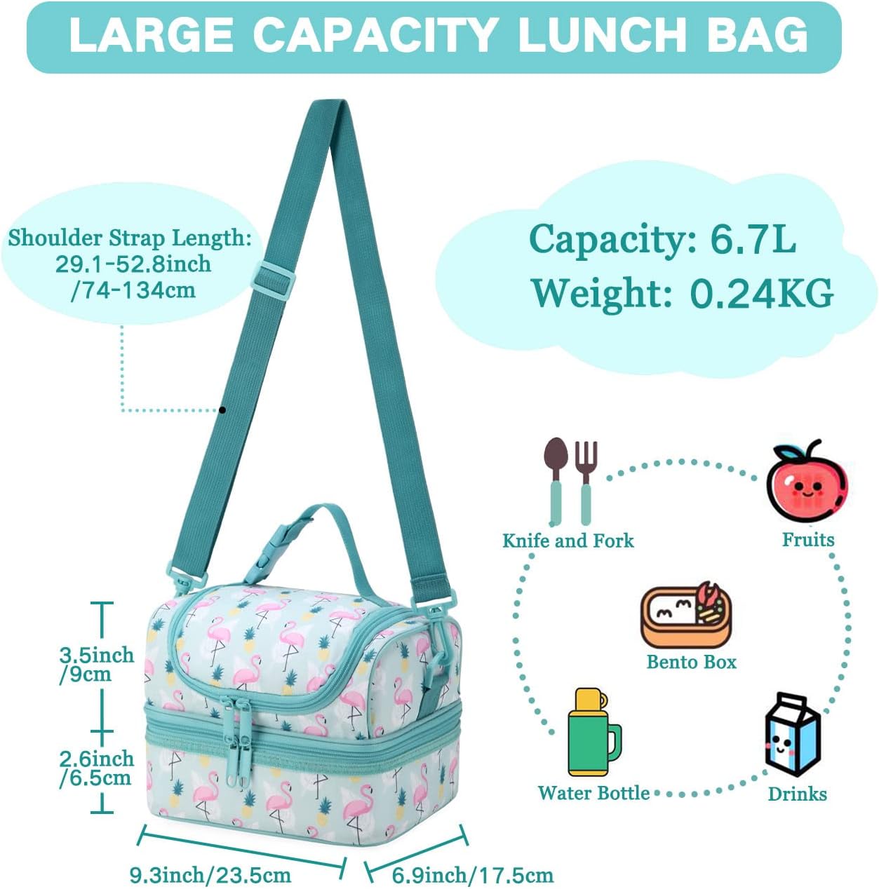 VASCHY Lunch Box Bag Men, Insulated Two Compartments Bento Cooler Bags for Adults/Women/Kids for School,Daycare,Kindergarten,Picnic Black