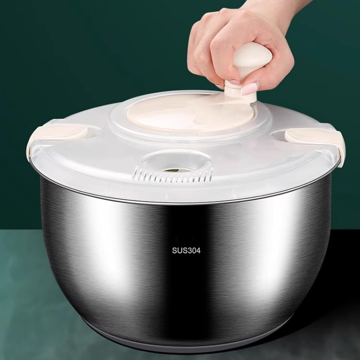 Salad Spinner, Large Stainless Steel Vegetable Washer, 5.3 Qt Plastic Lid for Washing Pasta and Fries, Durable Kitchen Tool