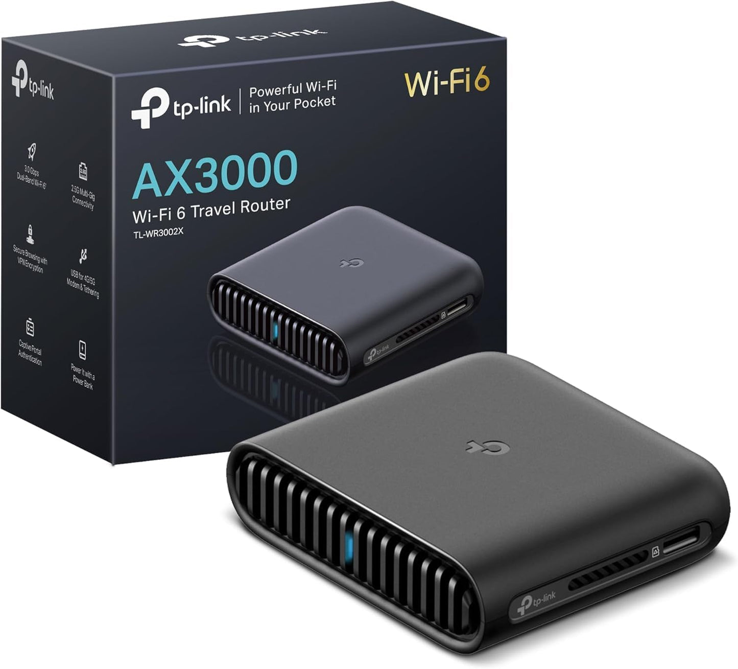 TP-Link Dual-Band WiFi 6 AX3000 Travel Router (TL-WR3002X) – Pocket-Sized, Multi-Gig, OpenVPN, WireGuard, USB 3.0, Phone Tethering, Public WiFi Sharing, Hotel/Cruise Ready, Multi-Mode
