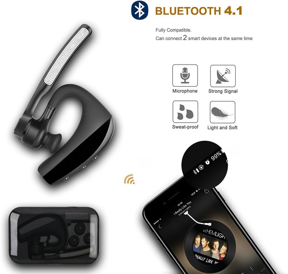 Bluetooth Headset Wireless Headphones, Bluetooth Ear Hanging Earpiece with Mic Mute Switch, Handsfree Earphone Business Trucker Driving Compatible for iPhone Cellphone