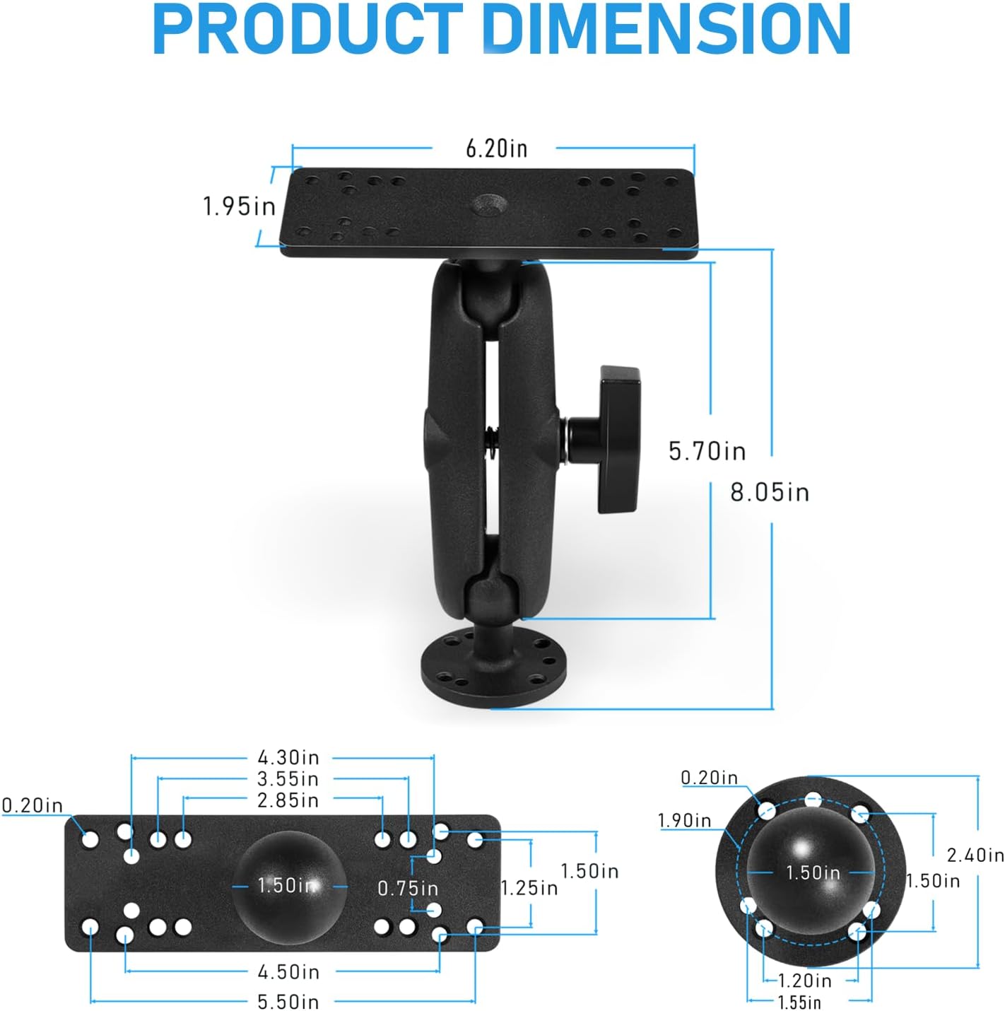 Bzsunway Medium Arm Marine Electronic/Depth Fish Finder Mount with 1.5" / C Size Ball, Medium Arm Marine Electronic/Depth Finder Mount, Suitable for Garmin, Lowrance and Helix 8-10