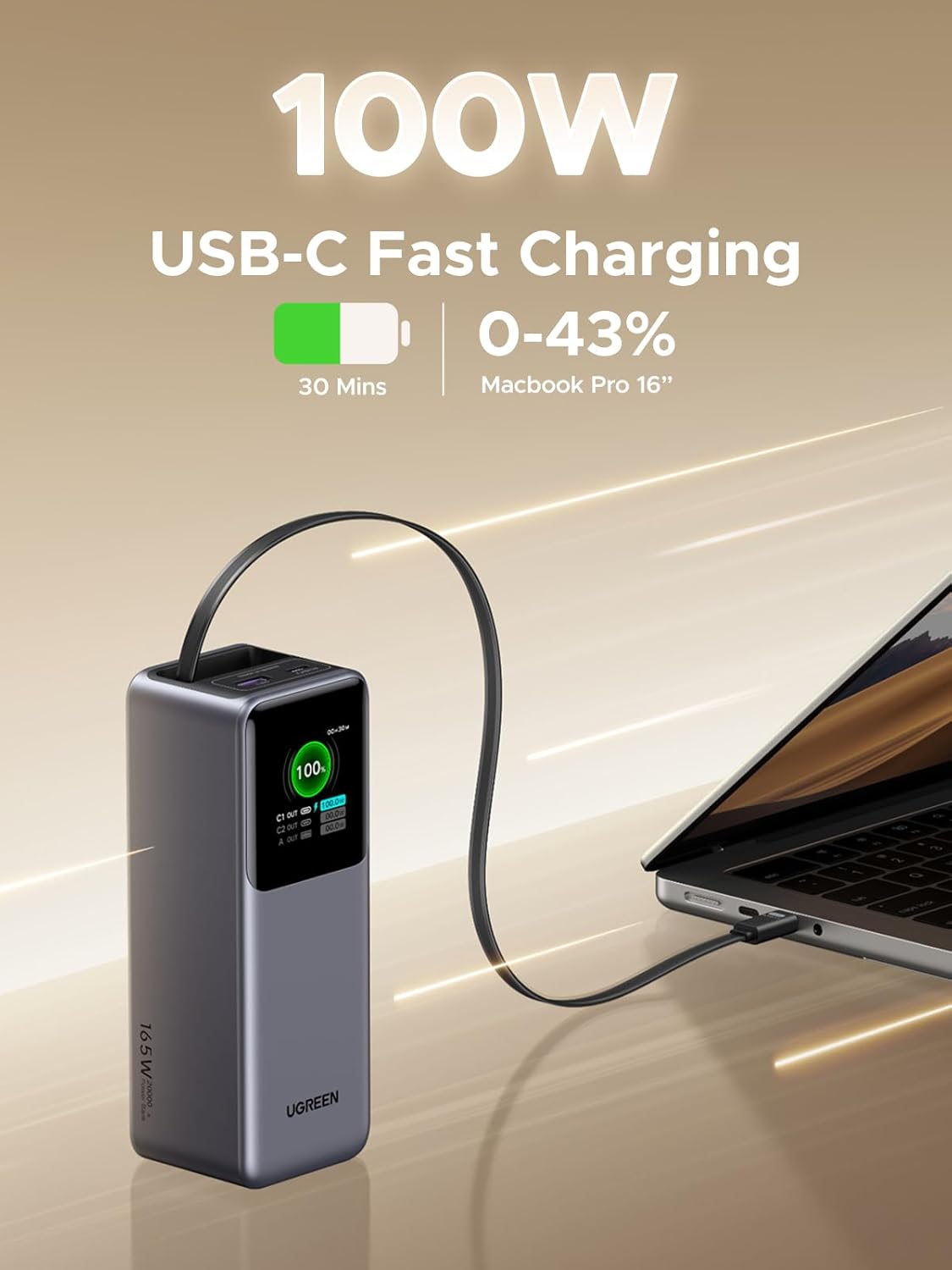 UGREEN 20,000mAh Laptop Power Bank for MacBook, Built-in and 100W Retractable Cables, 165W Portable Charger for Multi-Device Charging, Smart Digital Display, for iPhone 16/15 Series, Samsung, and More