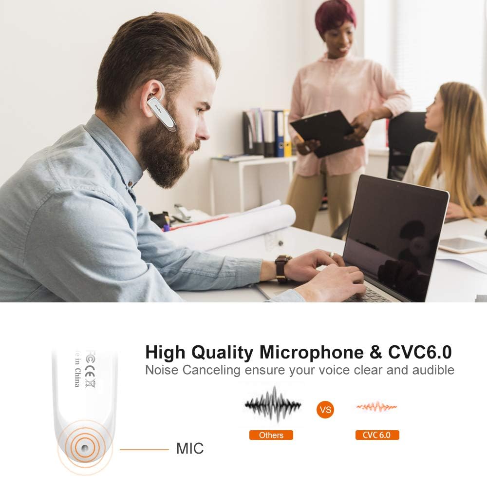 Bluetooth Headset New Bee 24Hrs V5.0 Bluetooth Earpiece Wireless Handsfree Driving Headset with Noise Canceling Mic Headset Case for iPhone Samsung Android Mobile Cell Phone Tablets Office