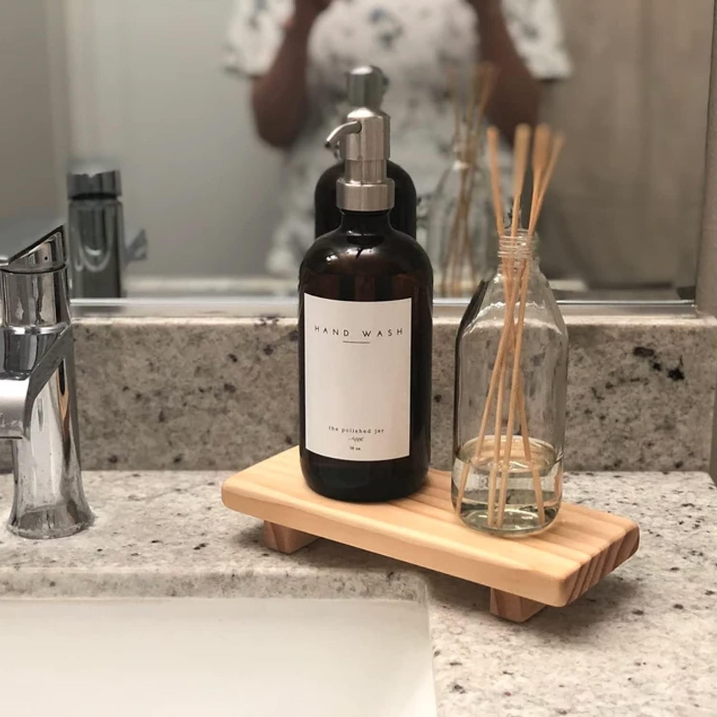 Wood Pedestal Soap Stand, Farmhouse Wood Riser, Soap Dish Holder/Tray Counter Decor for Bathroom Kitchen, Rustic Candle Plant Holder, Display Rectangular Decorative (Antique Walnut)