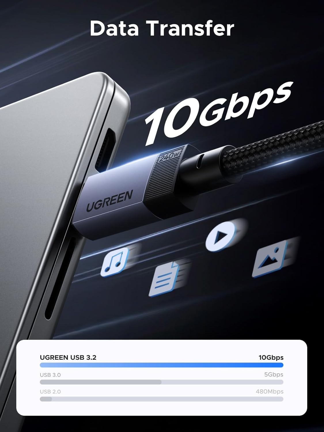 UGREEN 240W USB C Cable Gen2 10Gbps USB 3.2, USB C to USB C Cable 4K 60Hz Video Output Fast Charging Compatible with iPhone 16 15 Pro Max, NVMe SSD, Monitor, Galaxy S25 S24 S23 Ultra, MacBook Pro, 3FT