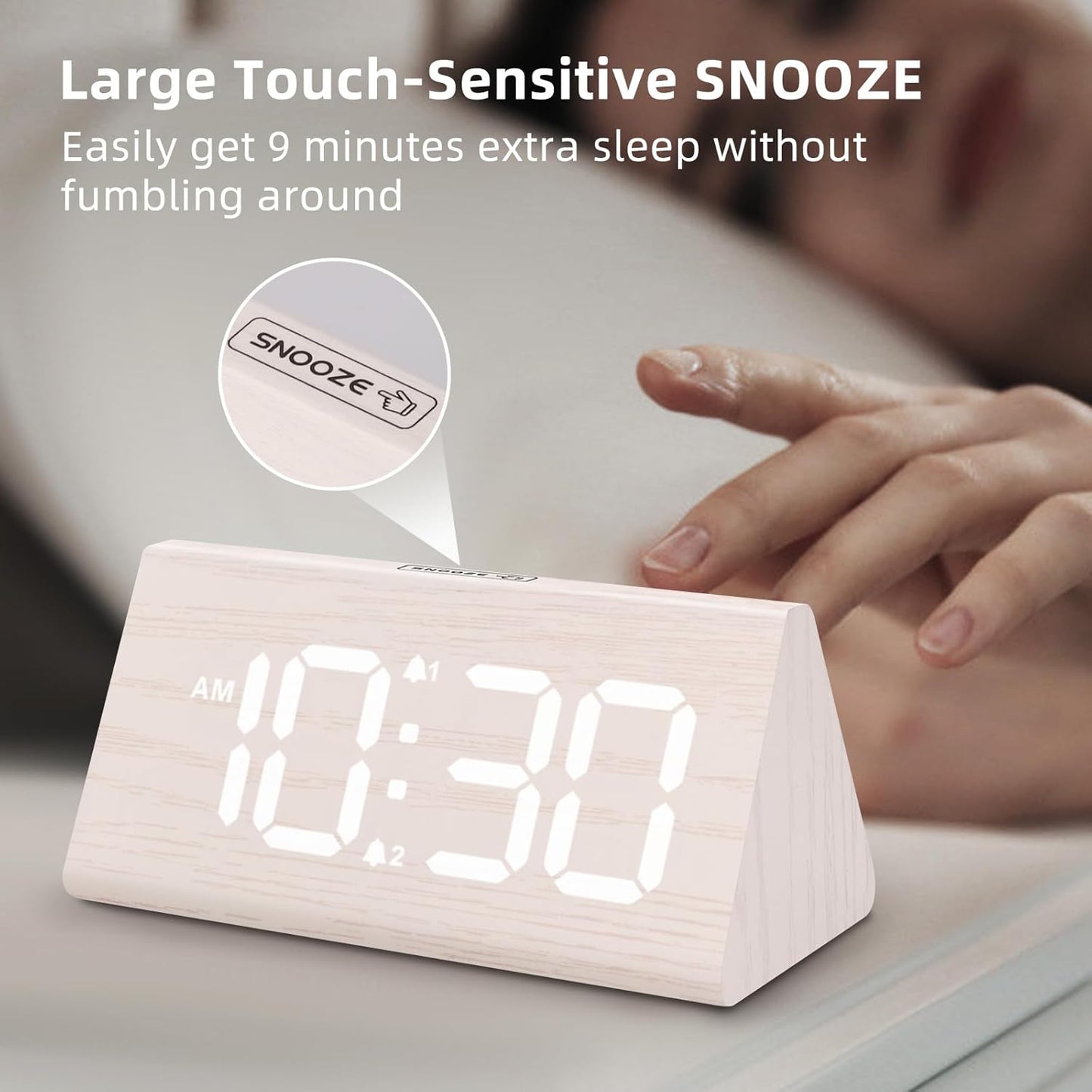 Odokee Wooden Digital Alarm Clock for Bedroom: Electric Desk Clock with Large LED Display - Brown