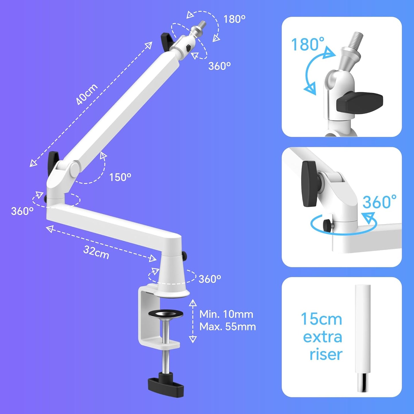 Microphone Boom Arm, Low Profile Mic Arm Professional Adjustable Solid Desk Mount Clamp,Cable Management Microphone Arm Stand for Podcast Streaming Gaming Studio Mic Stand White
