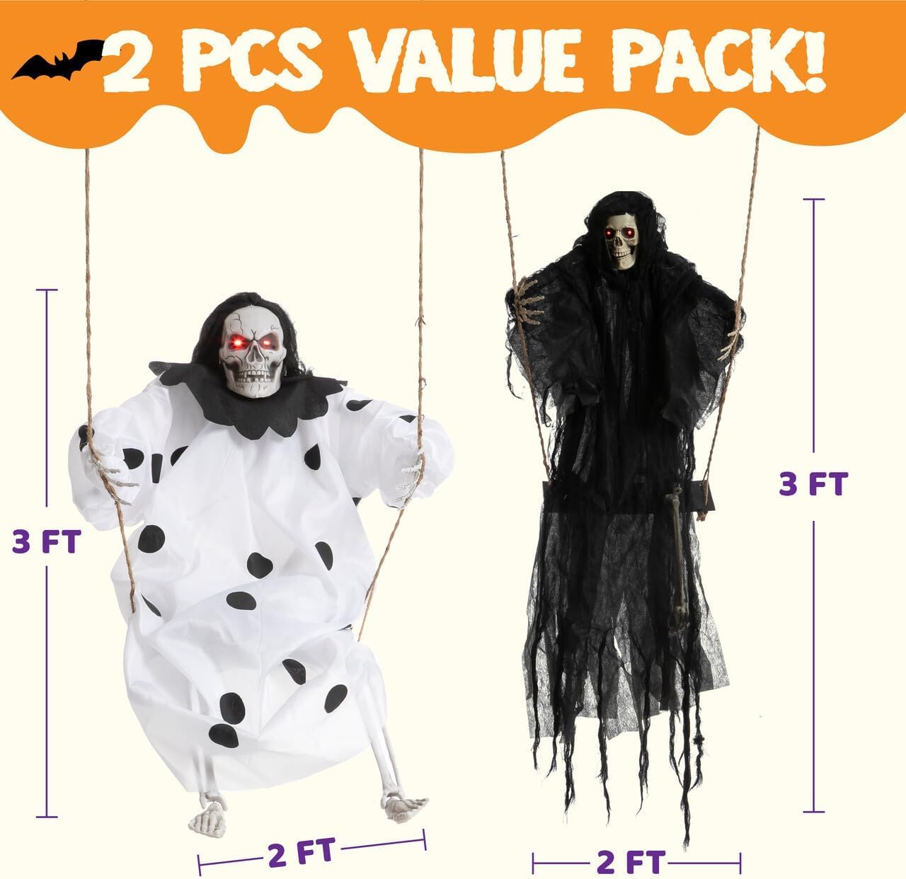 JOYIN Outdoor Halloween Decorations 2 Packs Hanging Ghosts Decor with Lighted Up Eyes, 3ft Scary Grim Reaper Swinging Skeleton Flying for Yard Patio Lawn Garden
