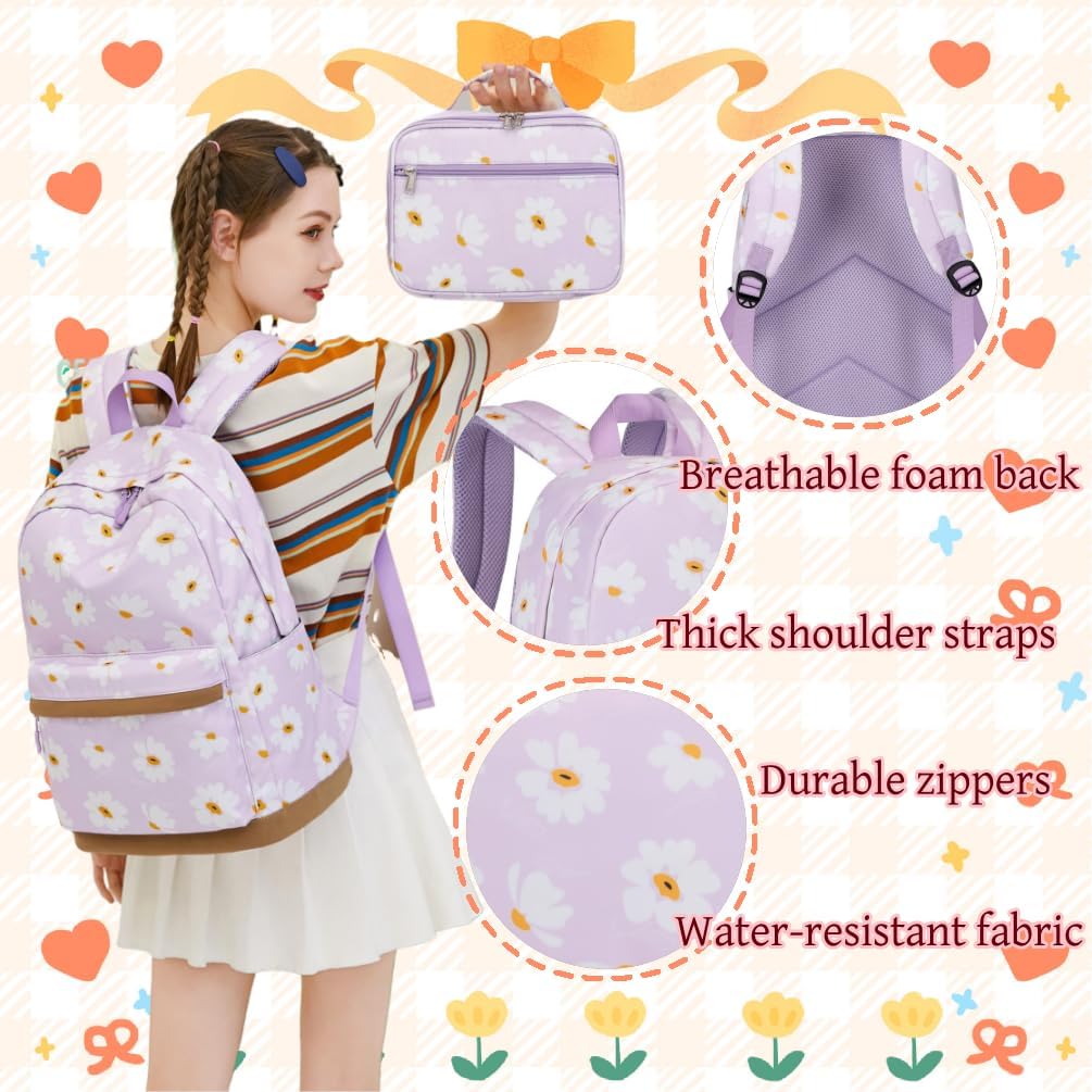 3Pcs Daisy Prints Backpack for Girls Bookbag set Primary School Daypack Elementary Students Knapsack with Lunch Box