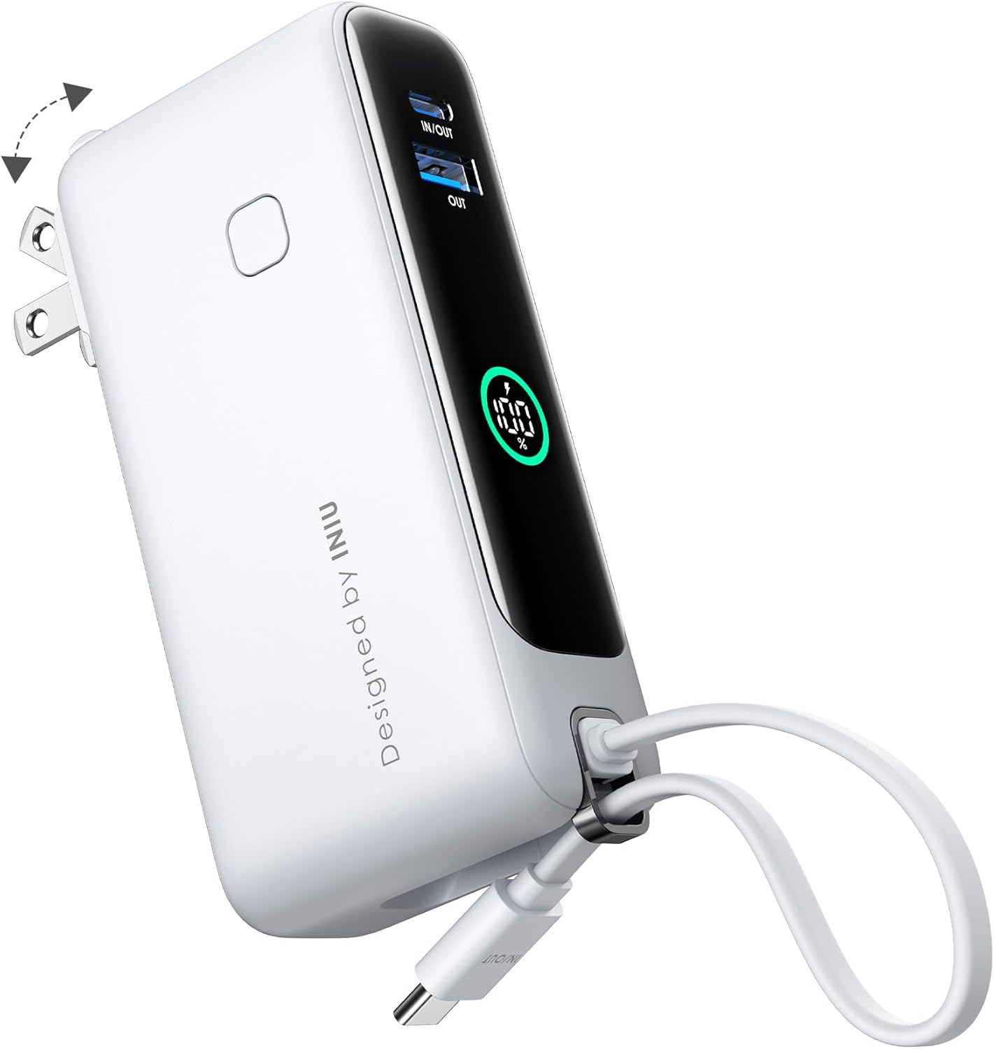 INIU 3-in-1 Power Bank, 30W 10000mAh Fast Charging Portable Charger, Built-in USB C Cable and Foldable AC Plug, Travel Outdoor Essentials Powerbank, Battery Pack for iPhone 16 15 Samsung S25 S24 etc