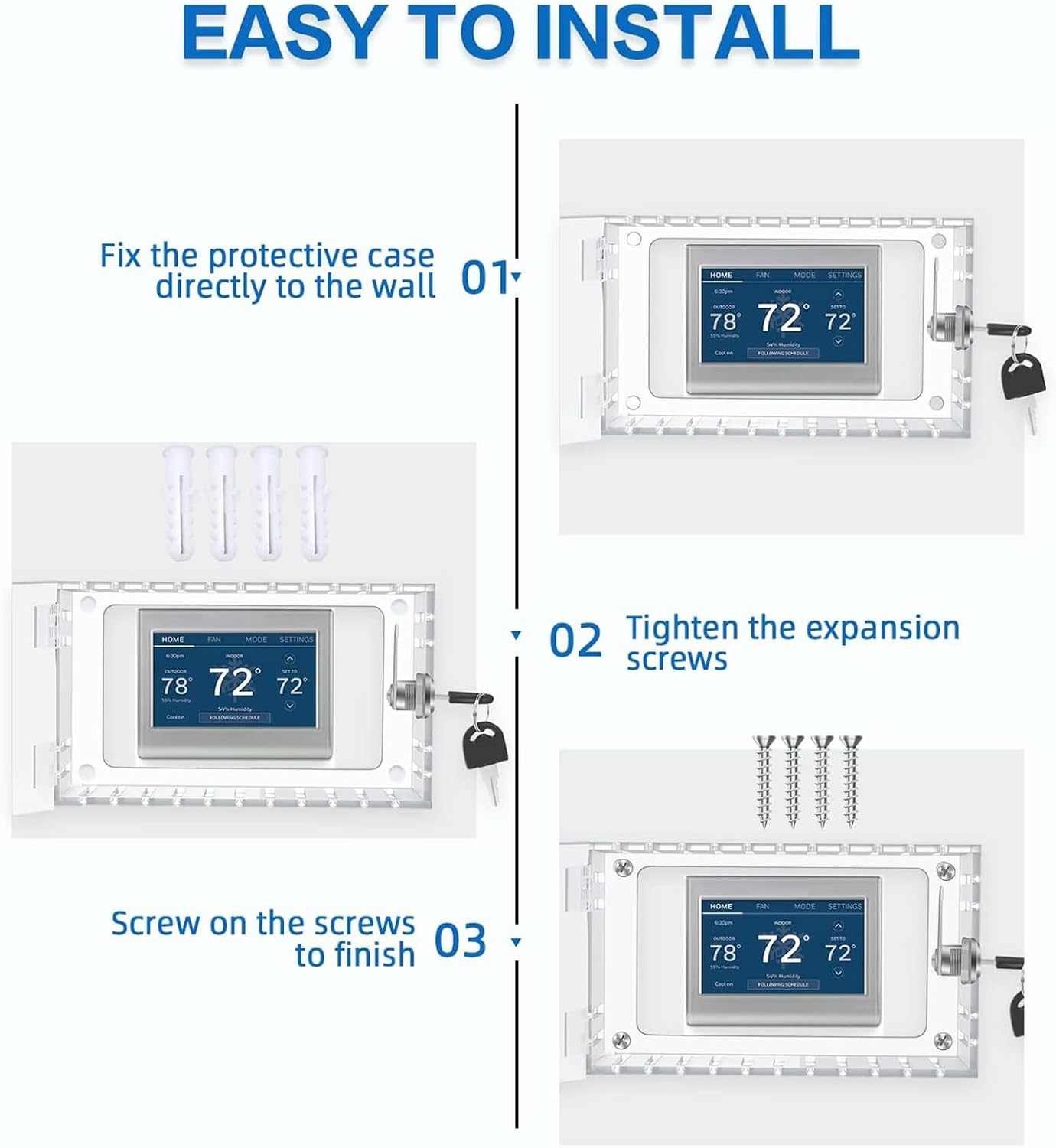 Universal Thermostat Lock Box, Universal Thermostat Guard with Clear Cover, Key, Clear Large Thermostat Guard for Wall, Large Universal Home Locking Thermostat Guard for Thermostat On Wall