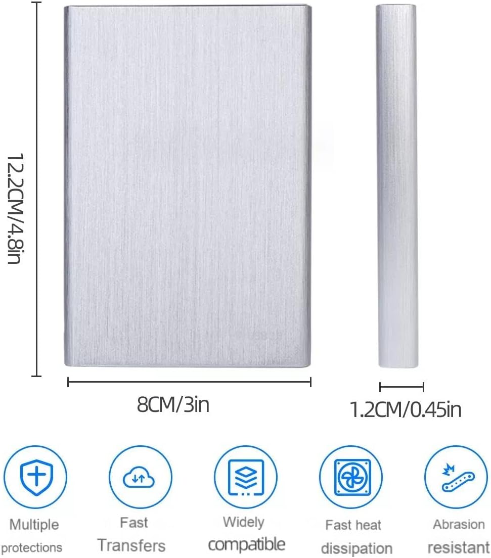 External Hard Drive 2TB USB 3.0,Portable HDD Storage Silver Plug and Play Compatible with PC/Laptop/Mac os
