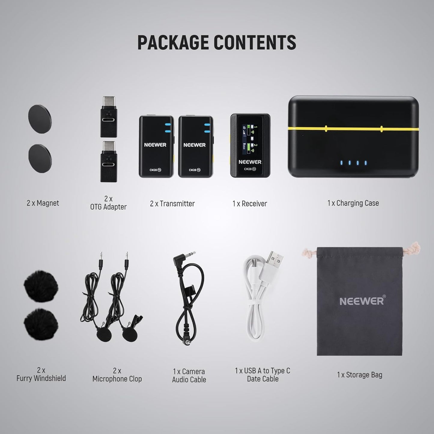 NEEWER CM28 Wireless Lavalier Microphone System with Charging Case, 1 Click Noise Canceling, 4GB Storage for 9Hrs of 48KHz 16 Bit Uncompressed Audio Lapel Mic Compatible with iPhone/Android/PC/Camera