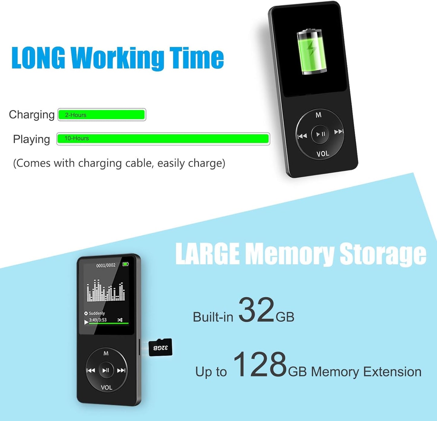 MP3 Player with Bluetooth, Portable 32GB MP3 Music Players with Speaker, Supports Alarm Clock, FM Radio, Recording Function, Up to 128GB Memory Storage, Earphones Included