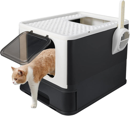 Foldable Cat Litter Box, Top Entry Kitty Litter Box with Lid & Scoop Extra Large Space Enclosure Toilet (Black) - LIVINGbasics