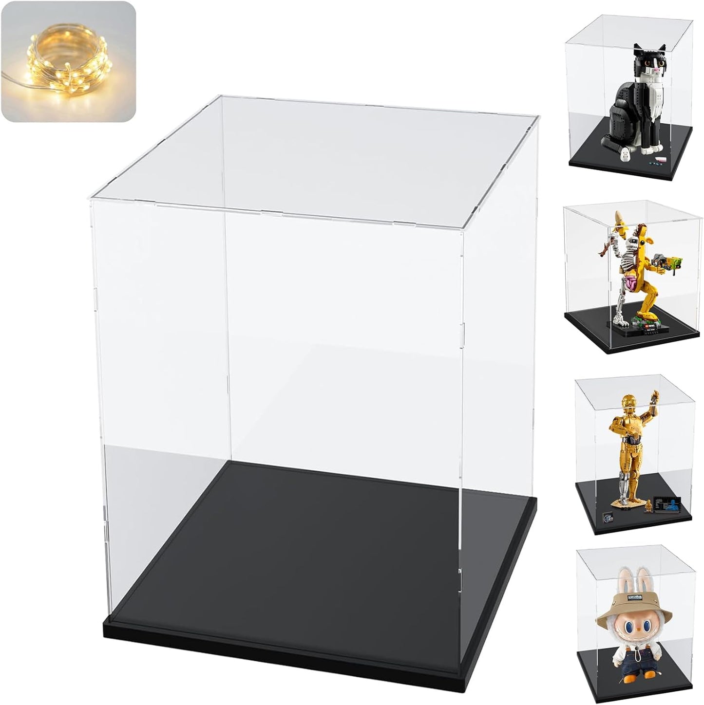 Thickened Clear Acrylic Display Case for Lego 10330 43268 76450 42170 10295 10353 Collectibles, Transparent Box Dustproof Protection with Wood-Plastic Base & String Light, Black Inside 40x20x20cm
