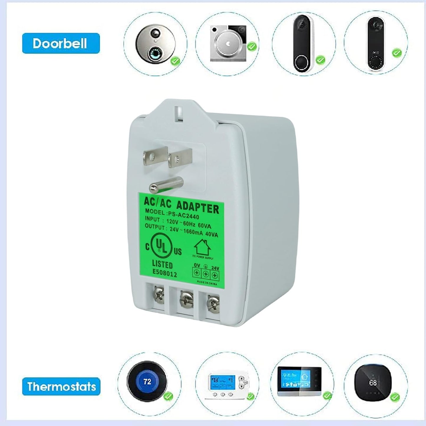 24VAC 40VA Plug in Doorbell Transformer Compatible with All of Doorbell Nest Ecobee Sensi and Honeywell Thermostat with UL Certificate
