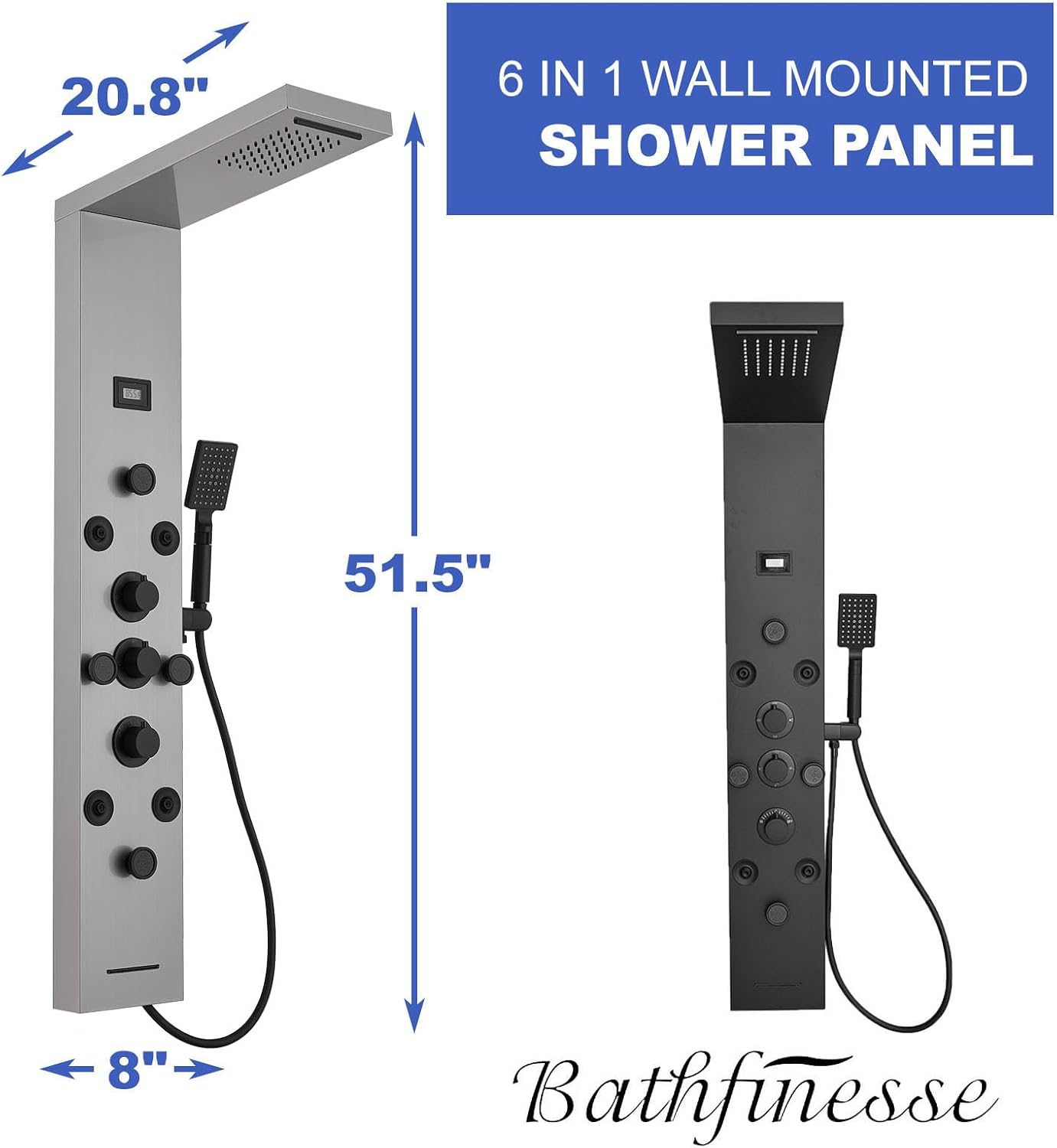 Bathfinesse Shower Tower Bathroom Shower Panel System Rain Massage System 6 in 1 Body Spray Jets Shower Wall Panels Rainfall Waterfall Shower Head Tub Spout with Temperature Display,Matte Black
