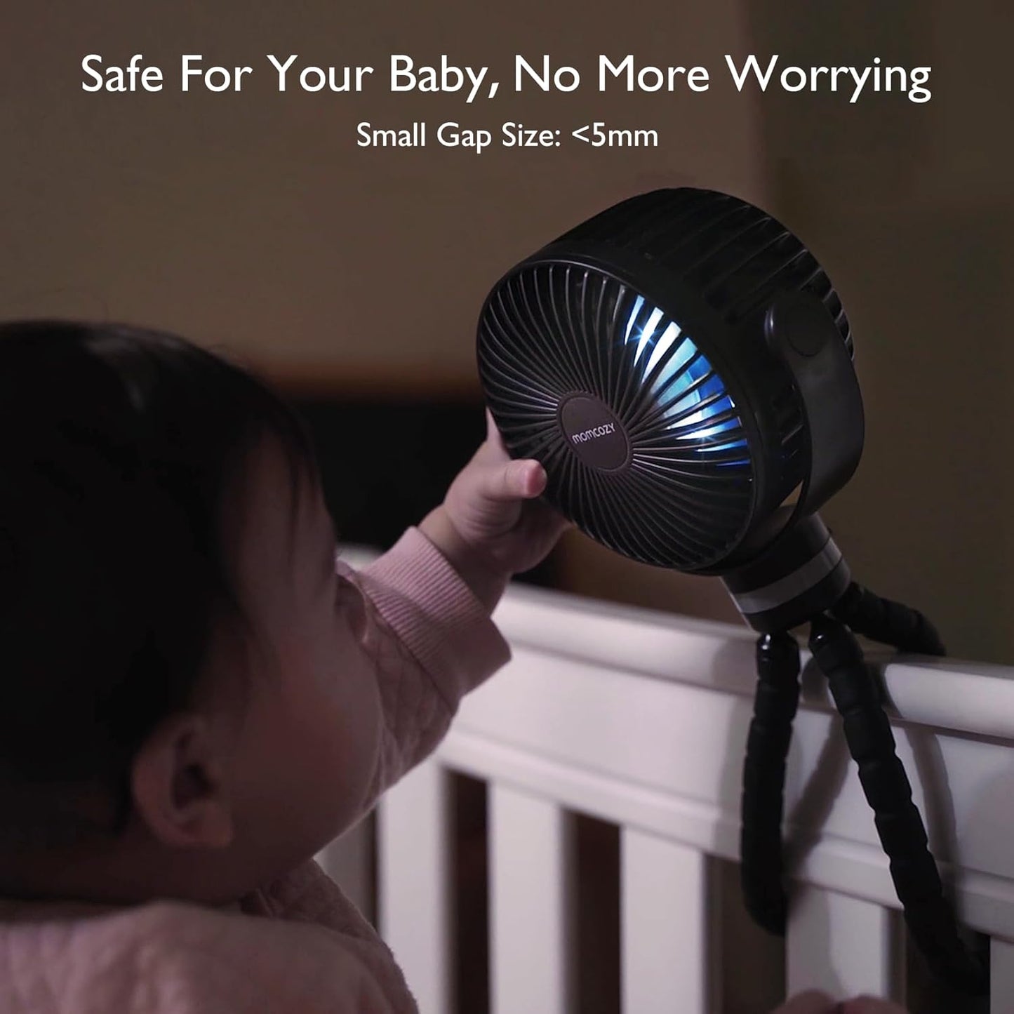 Momcozy Portable Stroller Fan, 27H Ultra-long Battery Life, Detachable 4 Speed 360°Rotate, LED Night Light with 2 Modes, USB Rechargeable and Handheld Cooling Fan for Travel, Car Seat