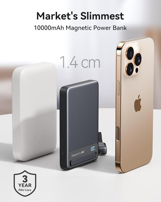 INIU Qi2 Magnetic Power Bank, Market's Slimmest 10000mAh Portable Charger with Foldable Stand for iPhone 16/15/14/13/12 Series - PuriLite