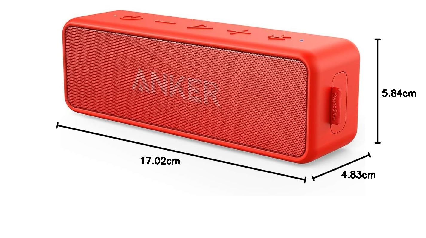 Anker SoundCore 2 Portable Bluetooth Speaker with Better Bass, 24-Hour Playtime, 66ft Bluetooth Range, IPX7 Water Resistance & Built-in Mic, Dual-Driver Wireless Speaker (Red)