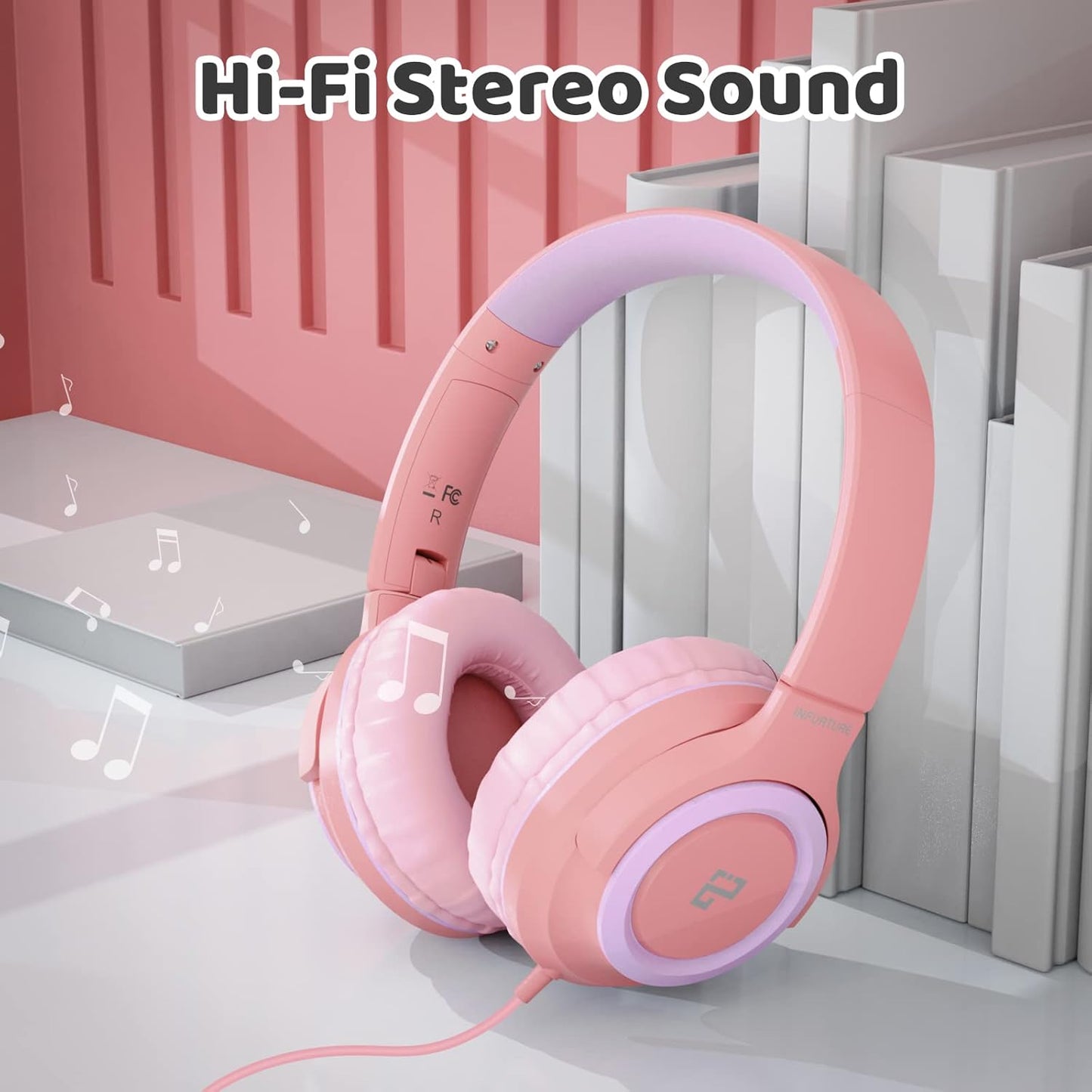 INFURTURE Kids Headphones for School Travel, 94dB Safe Volume Limited, HD Mic Stereo Sound Over-Ear Girls Boys Headphones for Kid, Foldable 3.5mm and USB-C Wired Headphones for iPad Computer