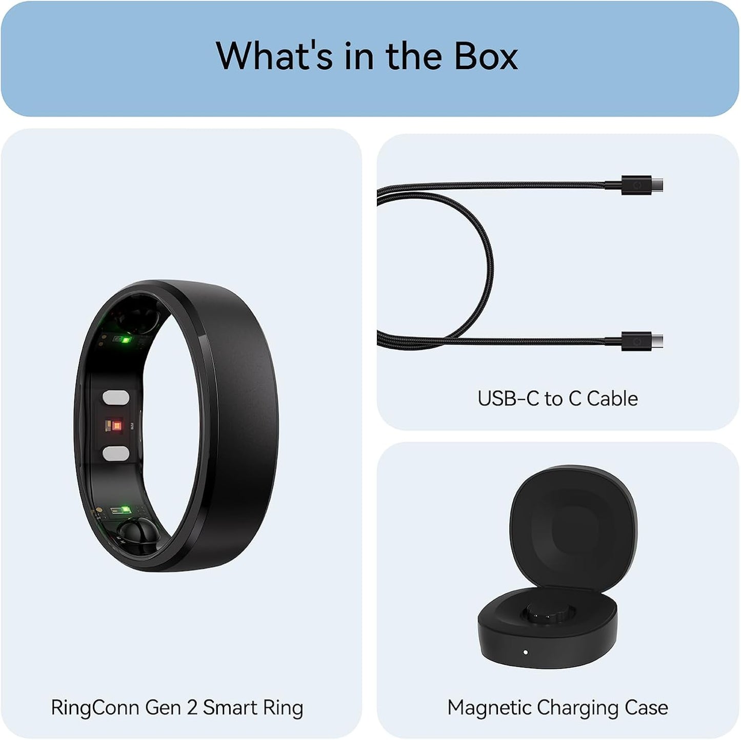 RingConn Gen 2 Smart Ring, No App Subscription, Size First with Sizing Kit, 12-Day Battery Life, Stress/Women's Health Tracker, Compatible with Android & iOS (Black, Size 8)