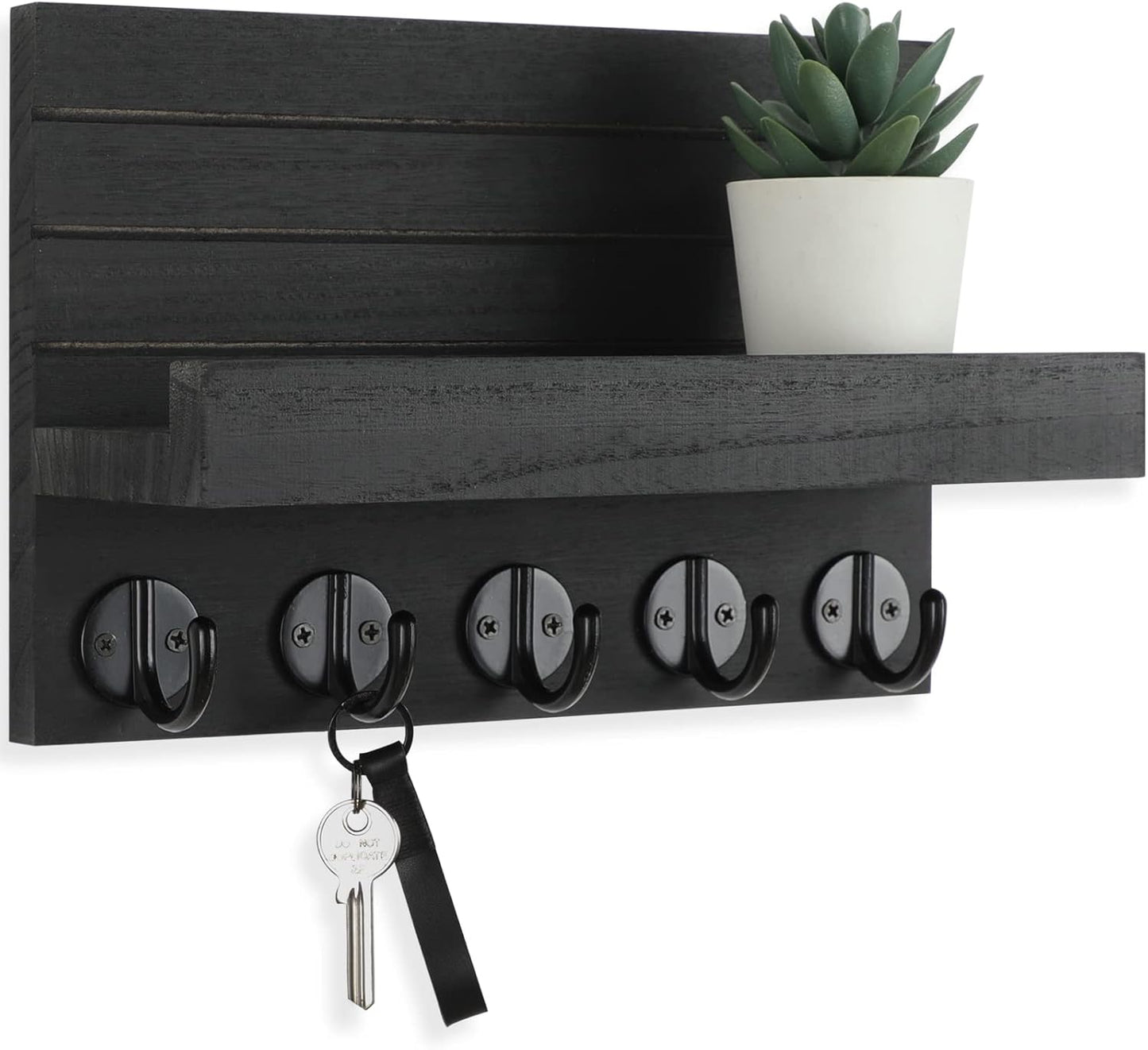 Lwenki Key Holder for Wall, Decorative Key and Mail Holder with Shelf Has Large Key Hooks for Bags, Coats, Umbrella – Paulownia Wood Key Hanger with Mounting Hardware (Black)