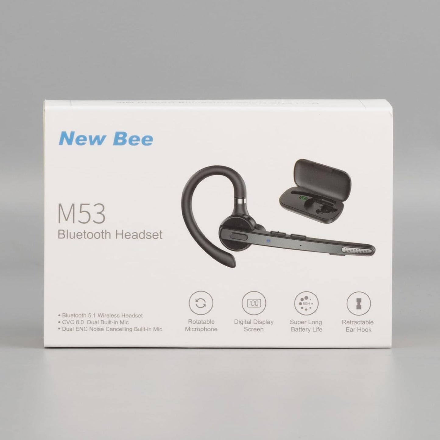 New bee Bluetooth Headset V5.1, 72H Talktime Wireless Bluetooth Earpiece for Cellphone with 500mah Charging Case Dual Mic Noise Cancelling Hands-Free Earphones for Office Driver Calls