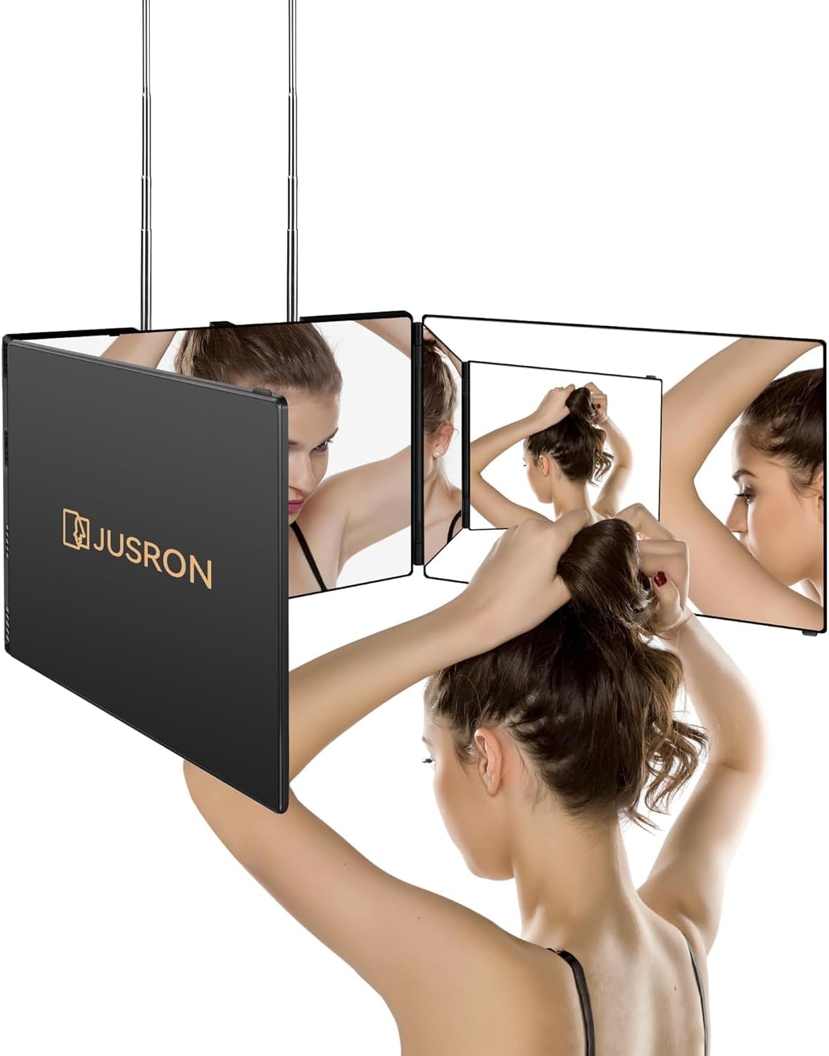 3 Way Mirror for Self Hair Cutting, 360 Trifold Self Haircut Mirror 3 Sided Makeup Mirror to See Back of Head with Height Adjustable Hooks, for Hair Cutting, Makeup, Shaving, Braiding, Styling