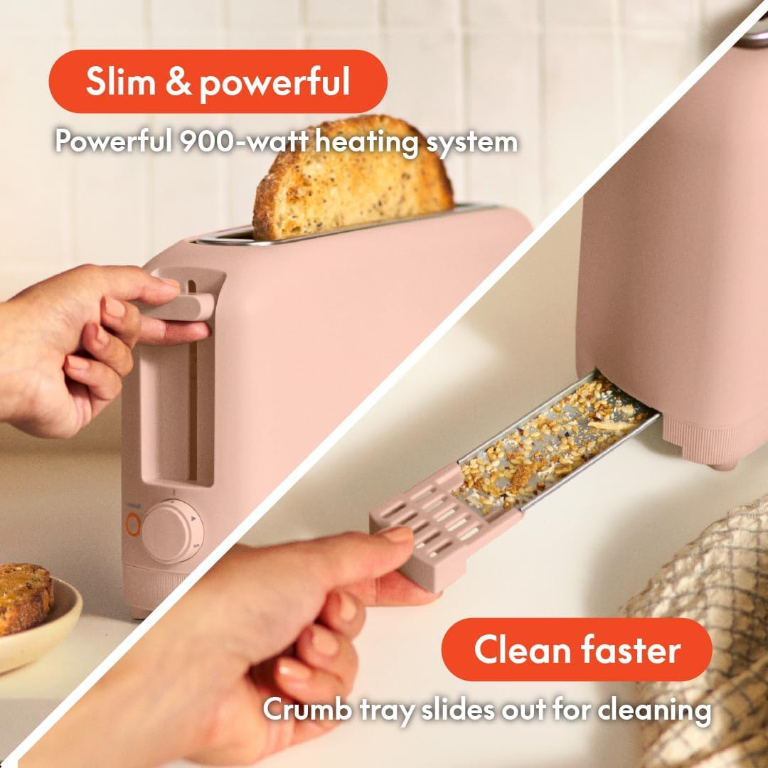 bella 2 Slice Slim Toaster, Fits-anywhere™ Kitchenware, 6 Setting Shade Control with Reheat & Cancel Buttons, Fits sourdough, 10” Long Slot, Anti Jam & Auto Shutoff, 900 Watt, Surf