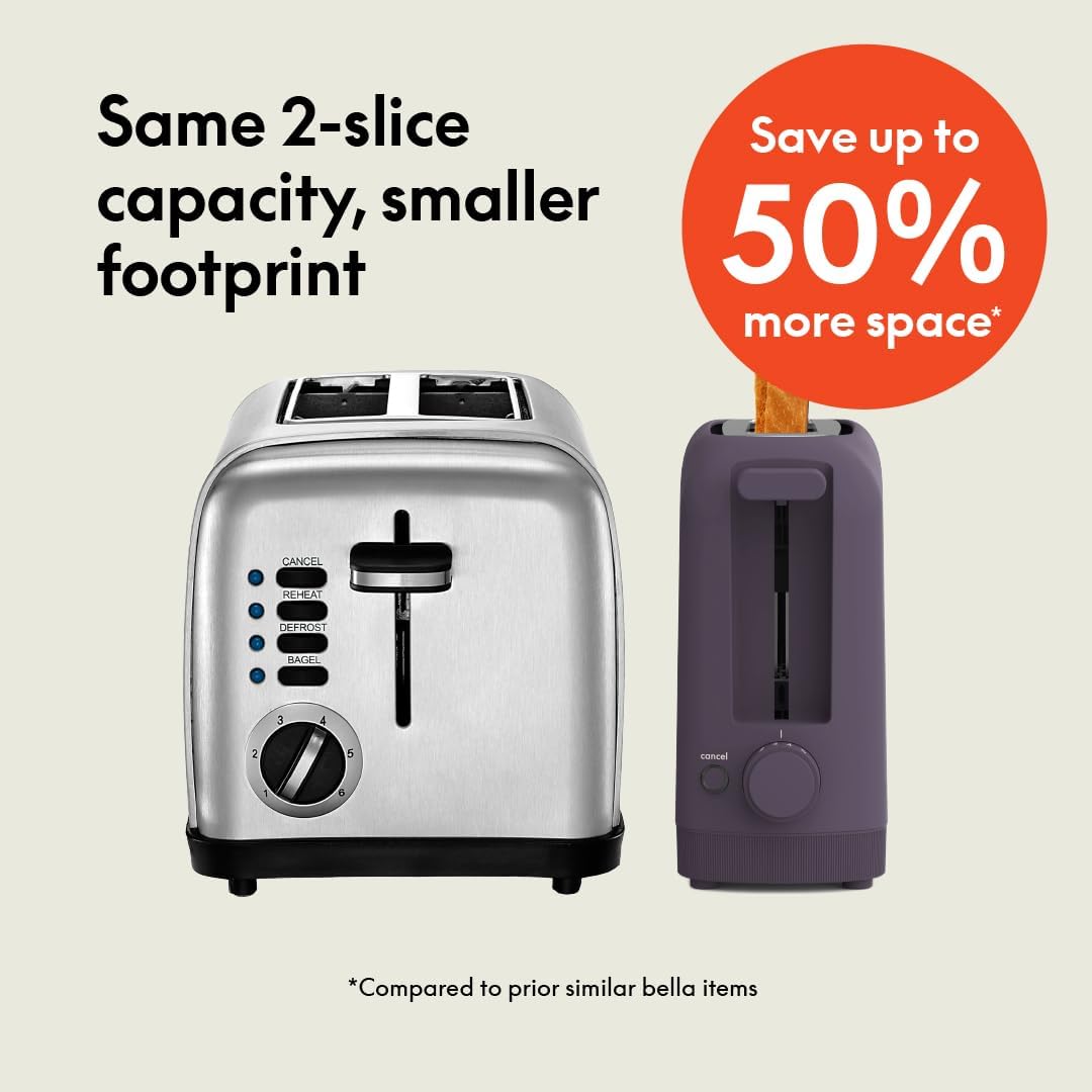 bella 2 Slice Slim Toaster, Fits-anywhere™ Kitchenware, 6 Setting Shade Control with Reheat & Cancel Buttons, Fits sourdough, 10” Long Slot, Anti Jam & Auto Shutoff, 900 Watt, Surf
