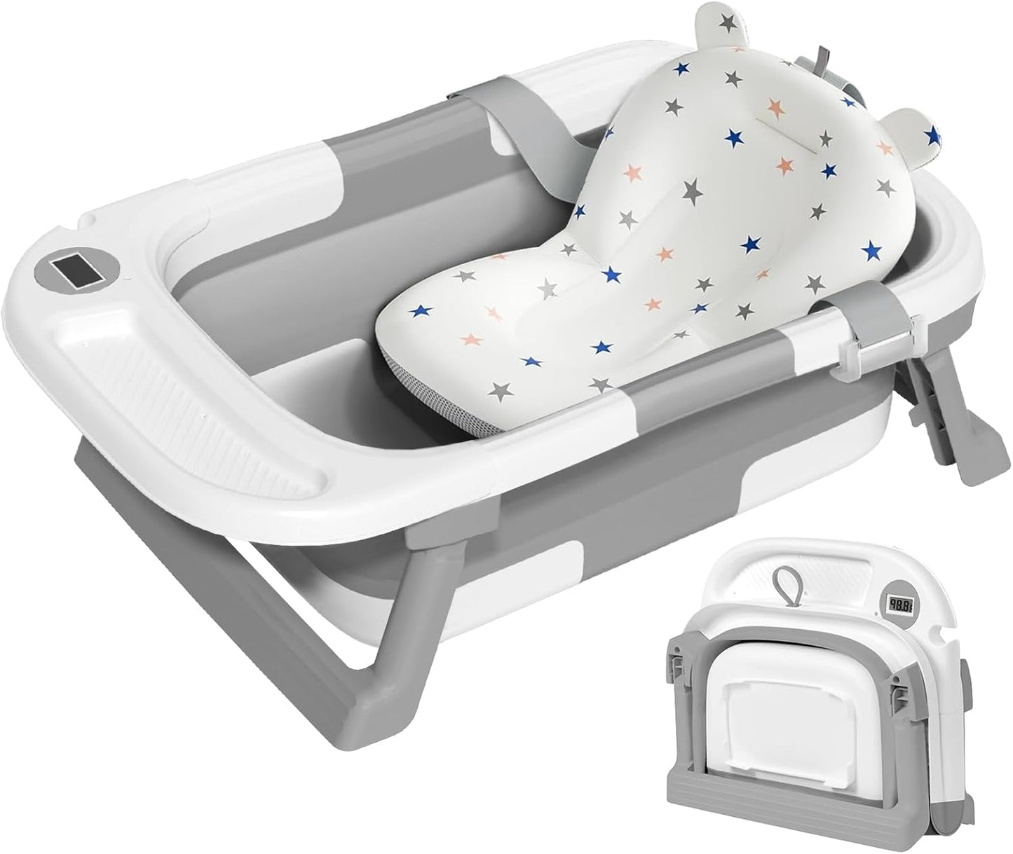 Collapsible Baby Bathtub,Baby Bath Tub with Thermometer & Soft Cushion,Baby Bathtub for Newborn to Toddler 0-36 Months,Portable Travel Baby Tub with No-Slip Feet,Baby Shower Gifts,Lavender