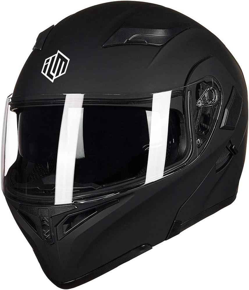 ILM Motorcycle Dual Visor Flip up Modular Full Face Helmet DOT with 7 Colors (L, Matte Black) - PuriLite