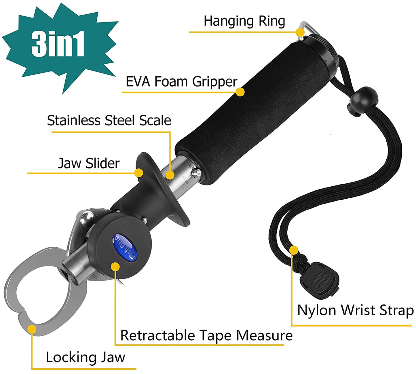 Fish Lip Gripper With Scales - Portable Stainless Steel Holder and Grabber Tool - 40 Pound Capacity With Weight Scale, Ruler and Lanyard