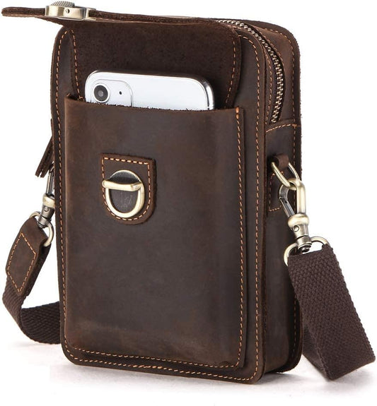 Contacts Men Waist Pack Small Shoulder Bag Pouch Purse Genuine Leather Vintage Travel Cell Phone Bag with Card Holder