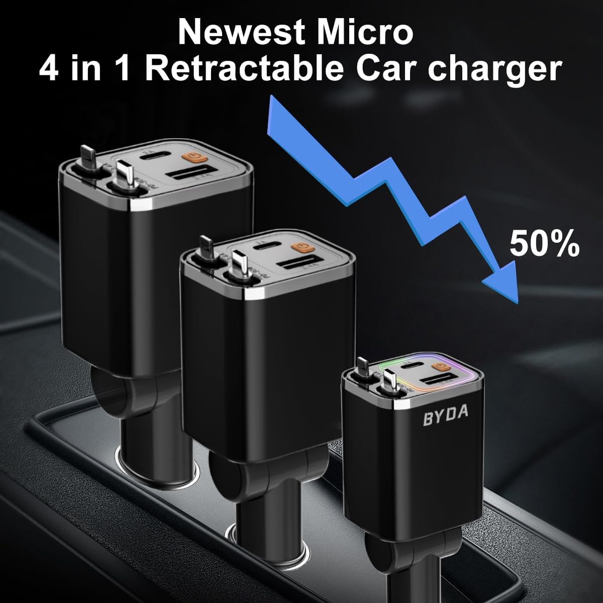 4 in 1 Retractable Car Charger,69W Fast Charging USB C for iPhone 16/15/14/13/12,iPad,Android,Galaxy,Pixel,Cigarette Lighter Adapter (Light-ning+USB-C)