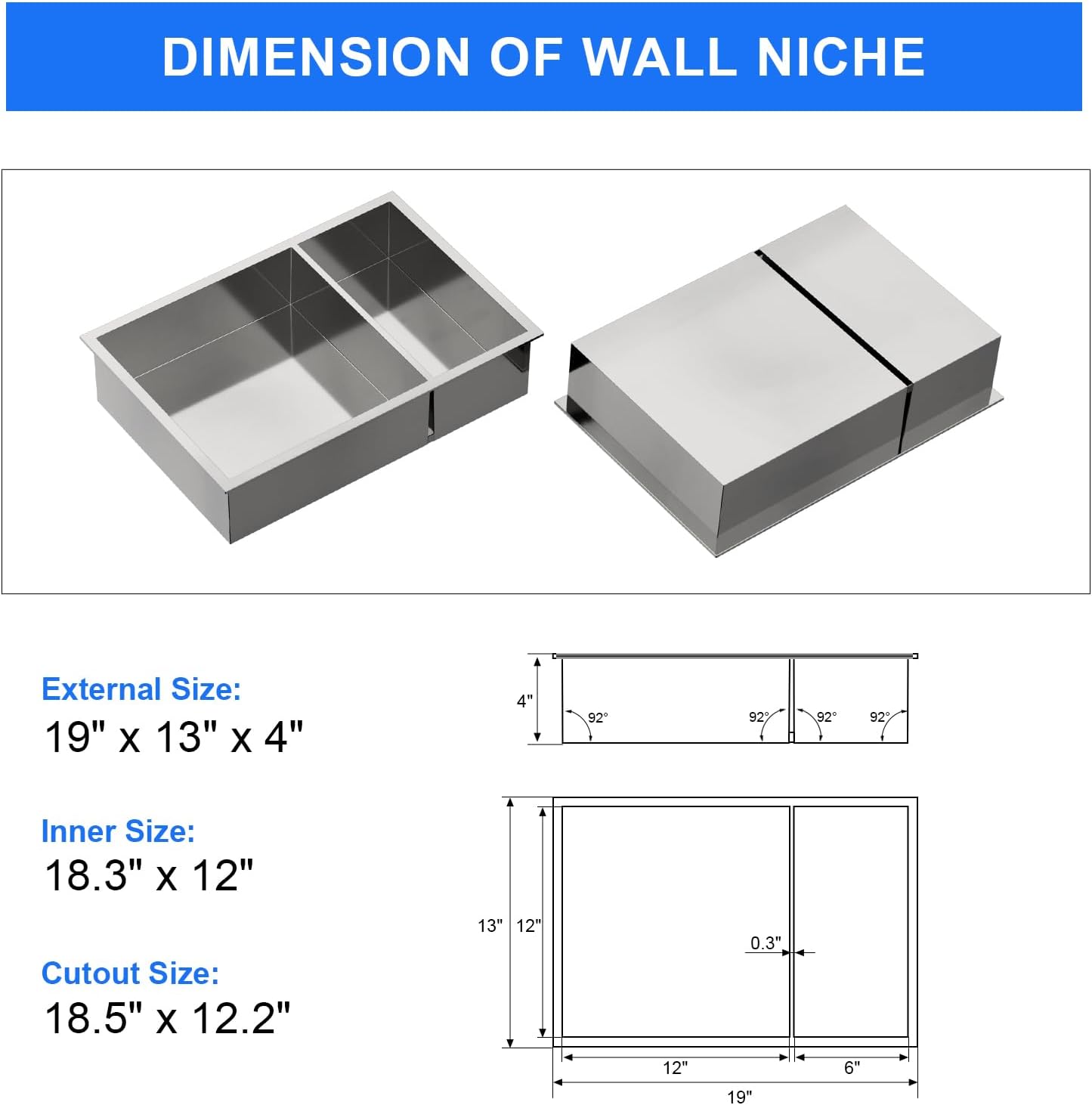 MENATT No Tile Shower Niche, Stainless Steel Wall Niche 13"X19"(Inner Size 12"X18"), Two-Tier Bathroom Shelf, NO Tile Needed Recessed Niche Shower for Bathroom Storage, Black