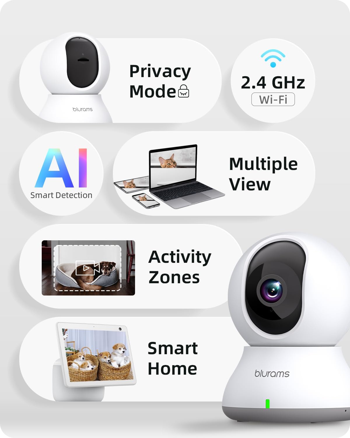 blurams Security Camera, 2K Indoor Camera 360-degree Pet Camera for Home Security w/ Motion Tracking, Phone App, 2-Way Audio, IR Night Vision, Siren, Works with Alexa & Google Assistant,White