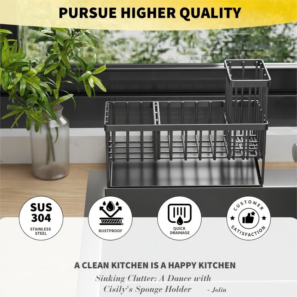 Cisily Kitchen Sink Caddy Organzier with High Brush Holder, Sponge Holder for Sink, 304 Rustproof Stainless, Kitchen Countertop Soap Dispenser Organizer, Kitchen Decor and Accessories (Black)