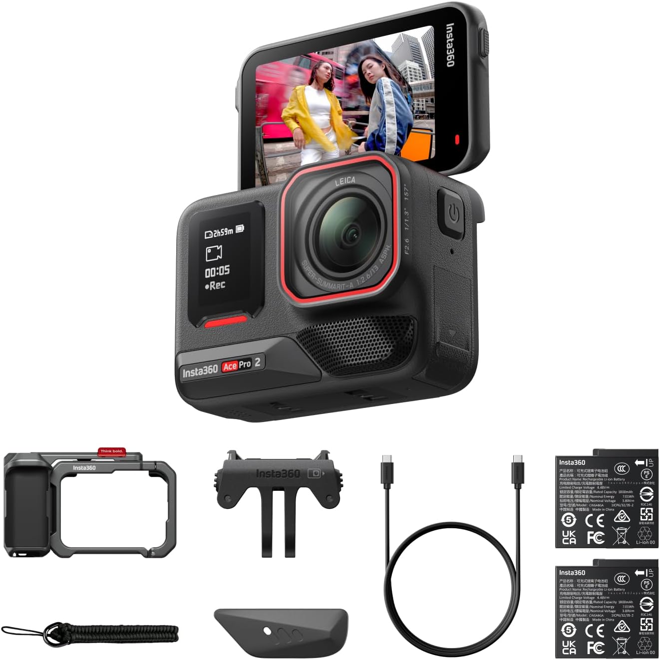 Insta360 Ace Pro 2 Get-Set Bundle- 8K Waterproof Action Camera Co-Engineered with Leica, 1/1.3" Sensor, Dual AI Chip, Leading Low Light, Superior Audio, Flip Screen & AI Editing, Dual Battery