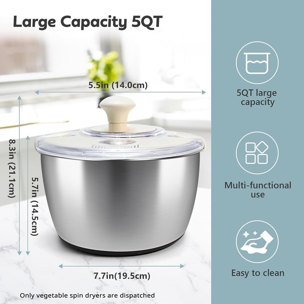 Cenroelon Stainless Steel Salad Lettuce Spinner Quick Manual Compact with Lid,Basin Drain Frame Non-Slip Base
