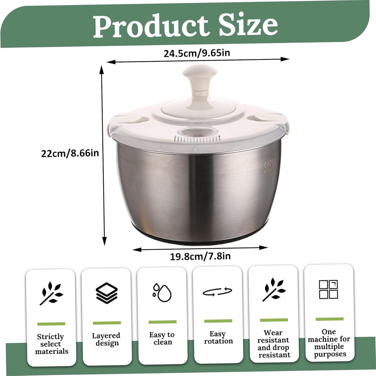 Salad Spinner 5L, Dual Layer Stainless Steel & PP Lettuce Spinner with Lid & Rotating Handle
