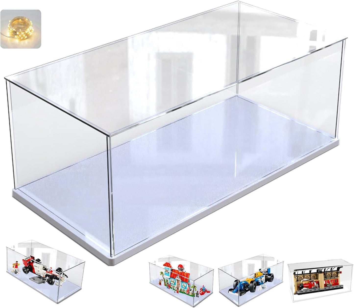 Thickened Clear Acrylic Display Case for Lego 10330 43268 76450 42170 10295 10353 Collectibles, Transparent Box Dustproof Protection with Wood-Plastic Base & String Light, Black Inside 40x20x20cm