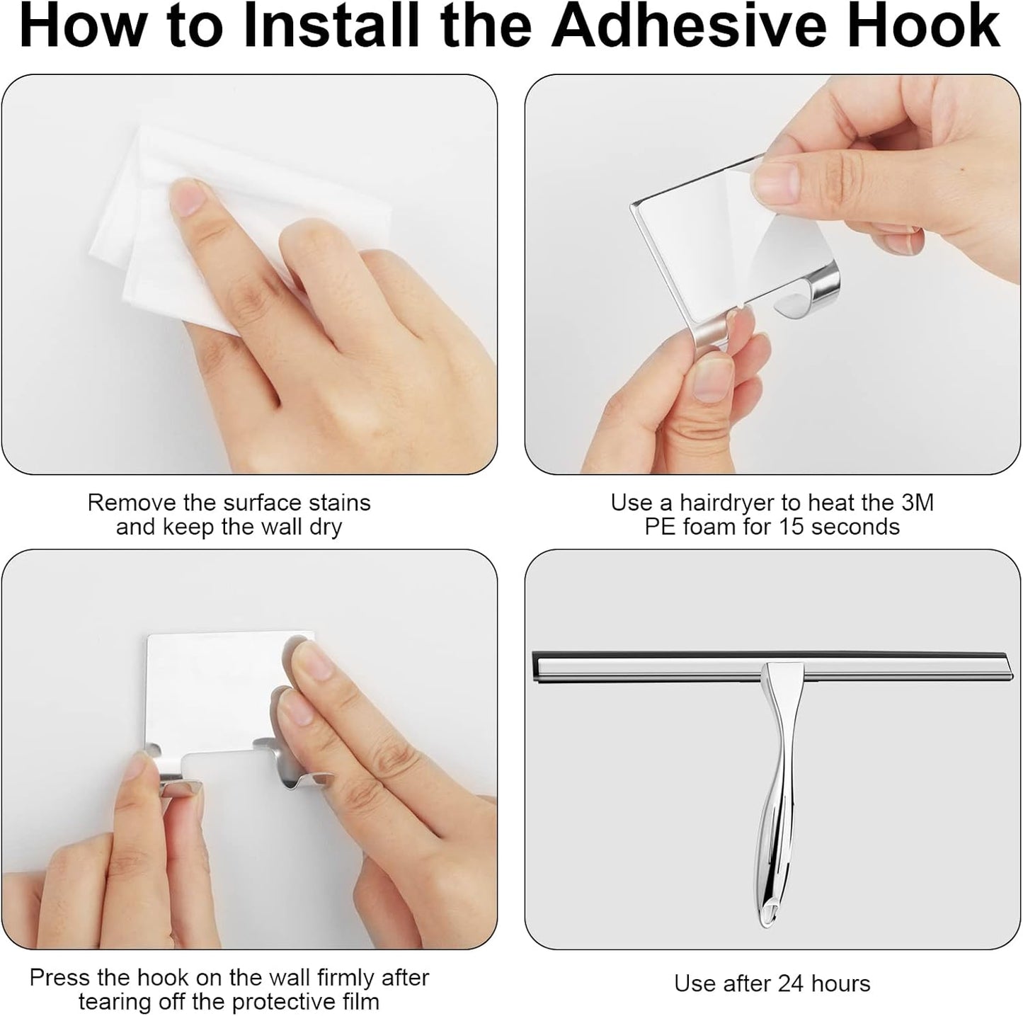 14 Inch Shower Squeegee Stainless Steel with Shower Door Hook and Adhesive Hook Glass Squeegee Bathroom for Doors, Bathroom, Windows, Kitchen, Mirror with Spare Silicone Blade 2 Hooks