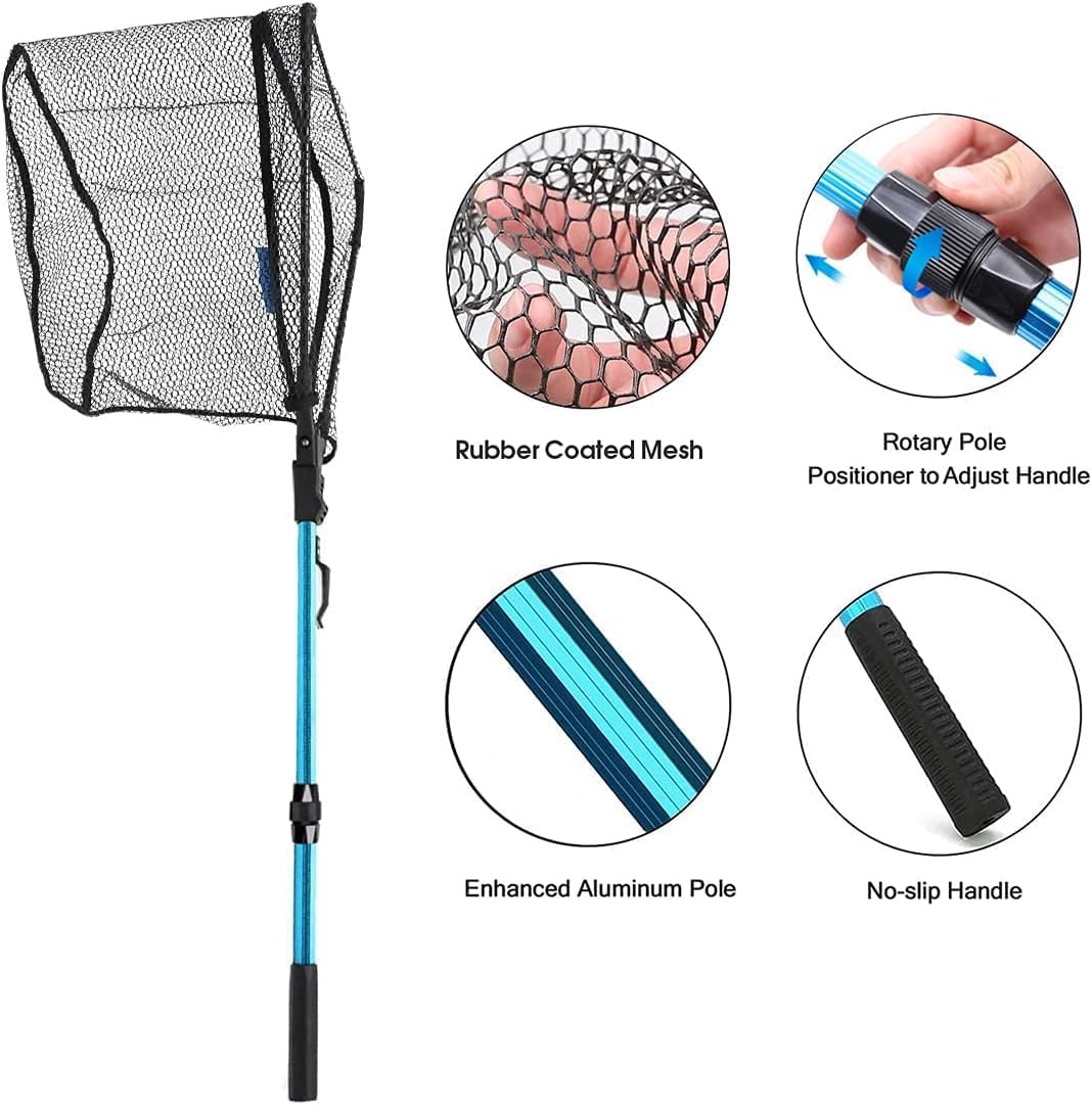 SAN LIKE Fishing Net Telescopic Landing Nets Folding Rubber Fish Net Rubber Coated Landing Net with Adjustable Sturdy Pole Handle for Saltwater Freshwater Bass Trout Fishing Easy Catch & Release
