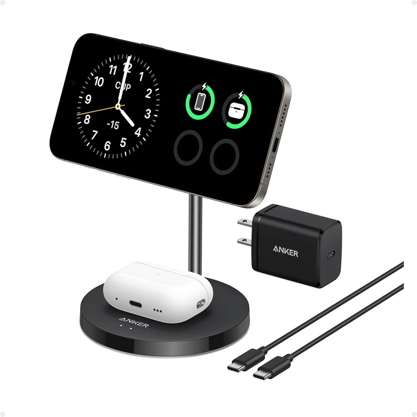 Anker MagSafe Compatible MagGo Charger Stand, iPhone 16 Wireless Charger, 2-in-1 Charging Station, Qi2 Certified 15W Max Charging, for iPhone 16/15/14/13/12, AirPods Pro (White, with 40W Adapter)